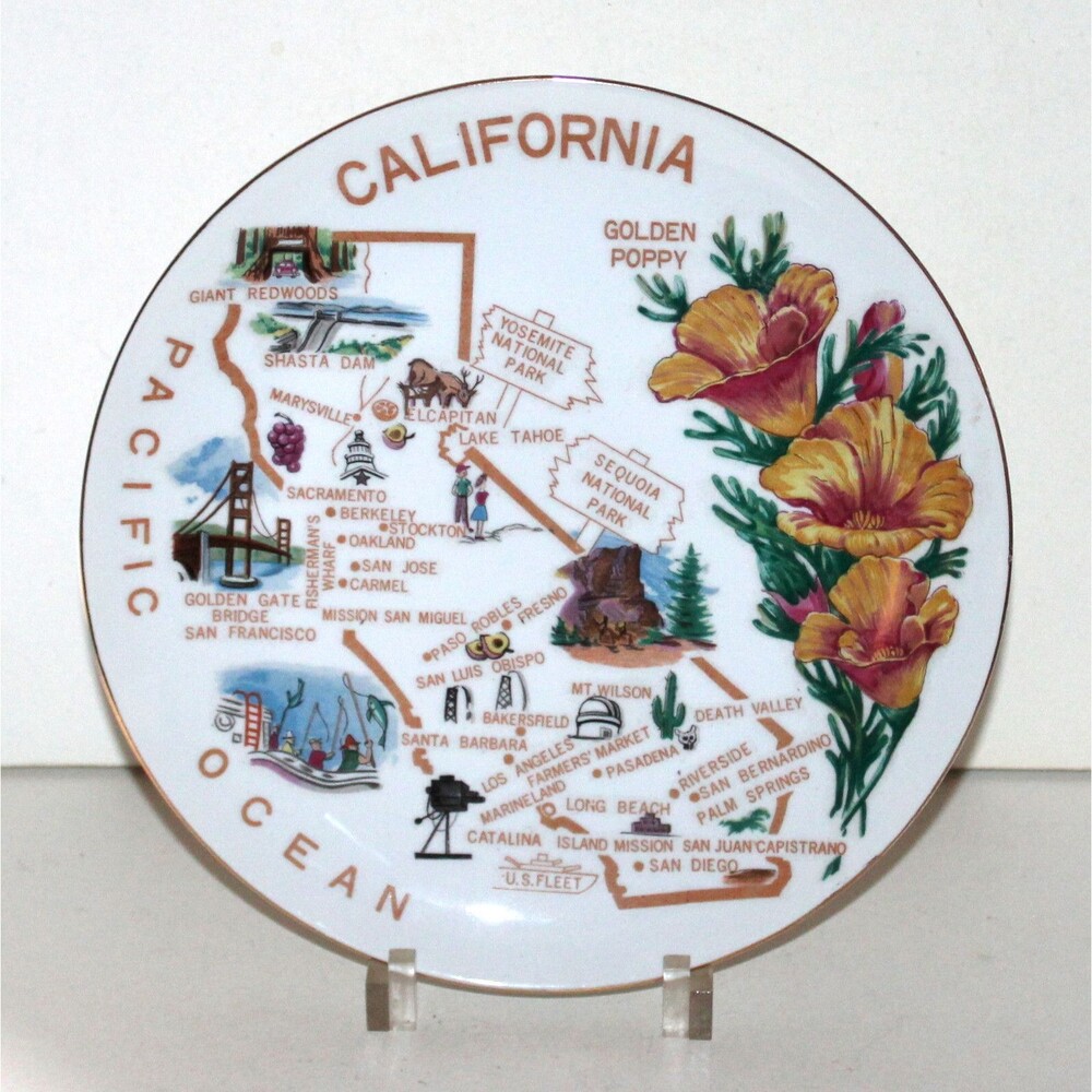 Vintage California Souvenir Plate Lefton Japan porcelain Golden Poppy decor